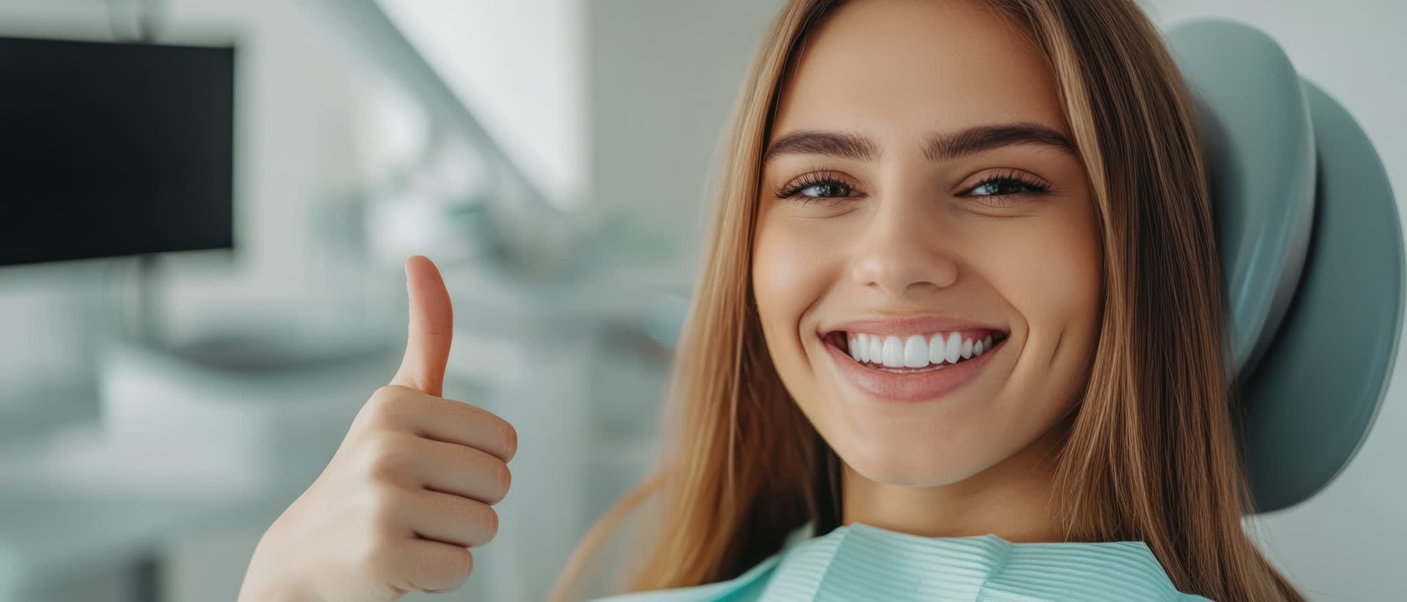 A woman with a thumbs-up gesture, smiling broadly, wearing dental braces, in front of a dental office setting.